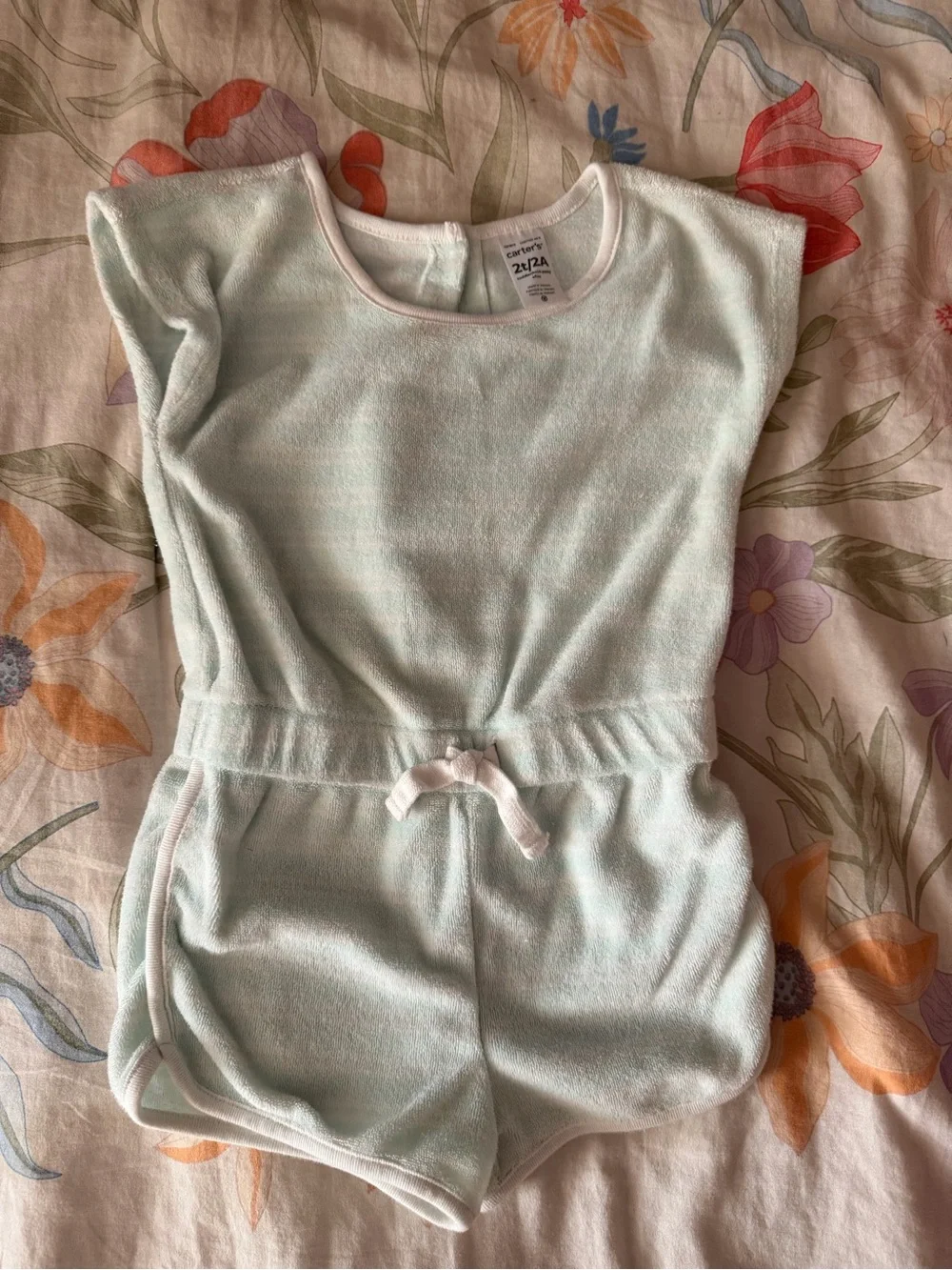 Carter's Mint Green Short-Sleeve Terry Romper with White Trim